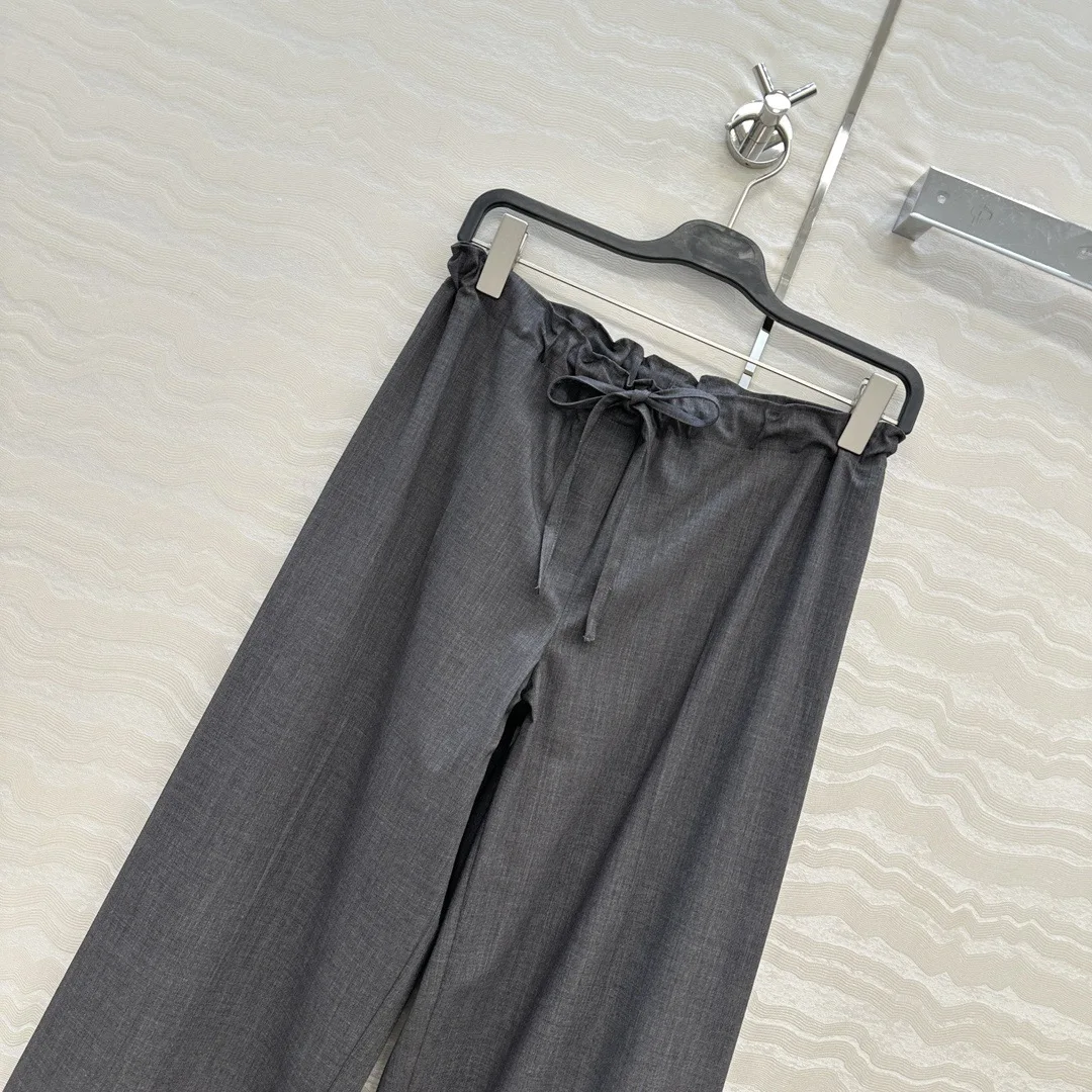 عادية مستقيم الساق السراويل الصوفية المرأة عالية الخصر بنطال ذو قصة أرجل واسعة الخريف الشتاء سروال قصير Dstring الخصر بسيط Faion