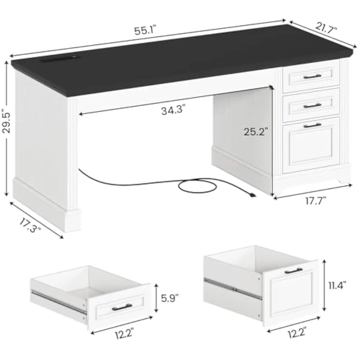 White Farmhouse Executive Desk 55 Inch Wide with 3 Soft-Close Drawers Storage Cabinet Built-In Power Hub 4 AC Outlets 2 USB Port