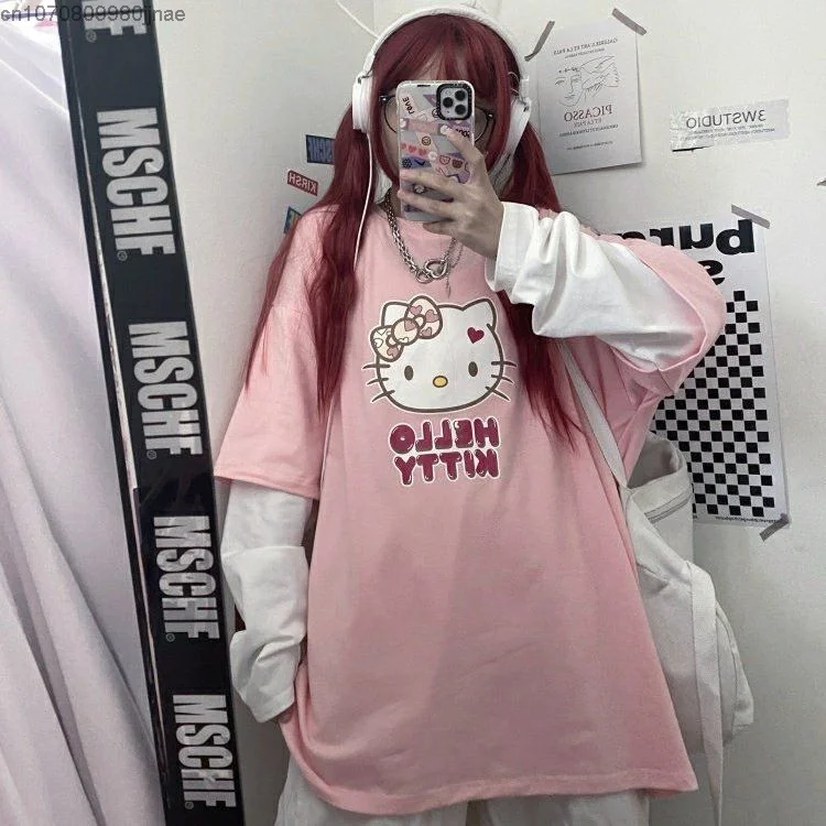 Sanrio Hello Kitty Sweet Long Sleeve Shirt Women Y2K Street Fashion Clothes Lovely Oversized Casual Pullover Korean Style Tops