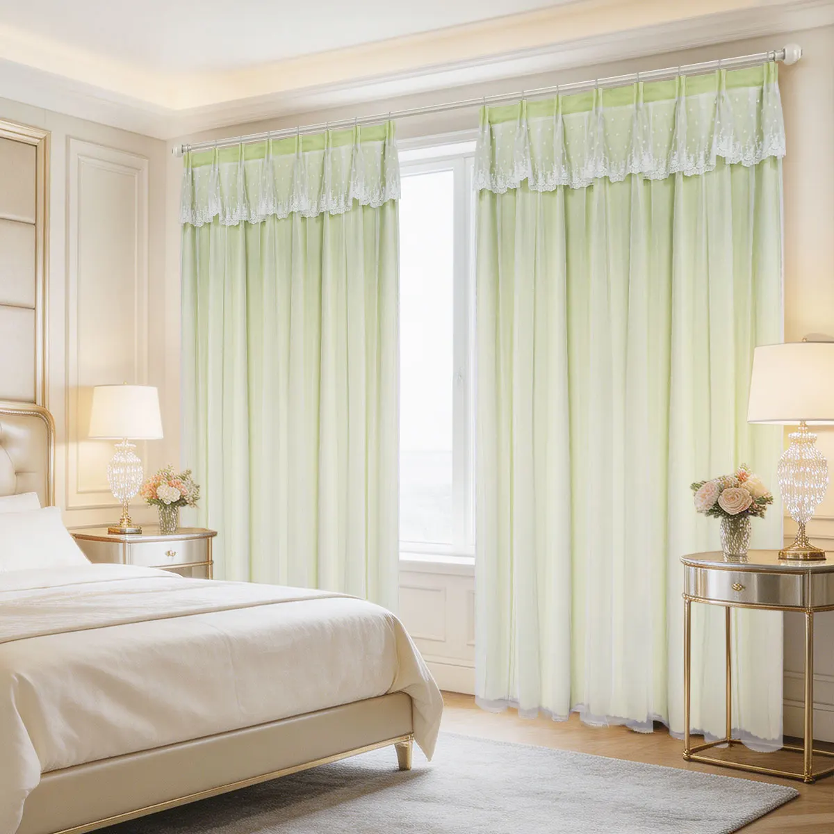Light Green Double Layer Curtains 2 Panels, 4-Prong Hook Star Lace Valance Medium Light Blocking Window Drapes