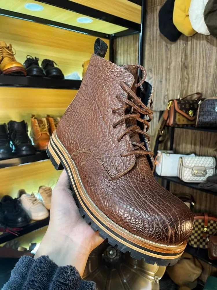 اليدوية الرجال عالية الجودة بوط من الجلد الطبيعي الدانتيل يصل جولة تو البضائع العمل عالية أعلى أحذية الذكور Vintage دراجة نارية أحذية بوت قصيرة #5