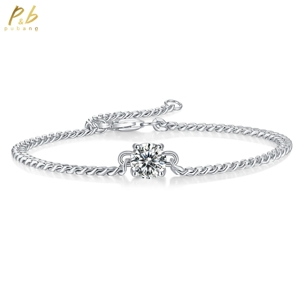 

PuBang Fine Jewelry Стерлинговое Серебро 925 пробы 3EX VVS1 D Цвет Круглая огранка 1-2 карата Настоящие муассанитовые бриллианты Кубинский браслет-цепочка Браслет