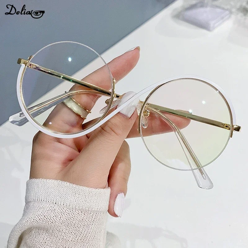 1PC Round Semi-Rimless S Shape Glasses Women Eyeglasses Big Frame Clear Lens Optical Eyewear Men Vintage Anti-Blue Light Glasses