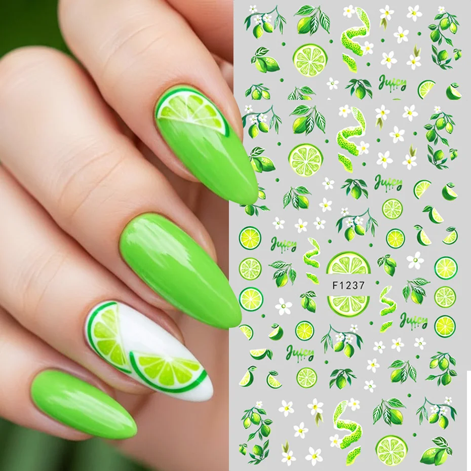 2pcs Summer Green Lemon Slice Nail Stickers Lime Slice Lemon Flowers & Leaves Nail Art Decals Kawaii Japanese Style Nail Decor