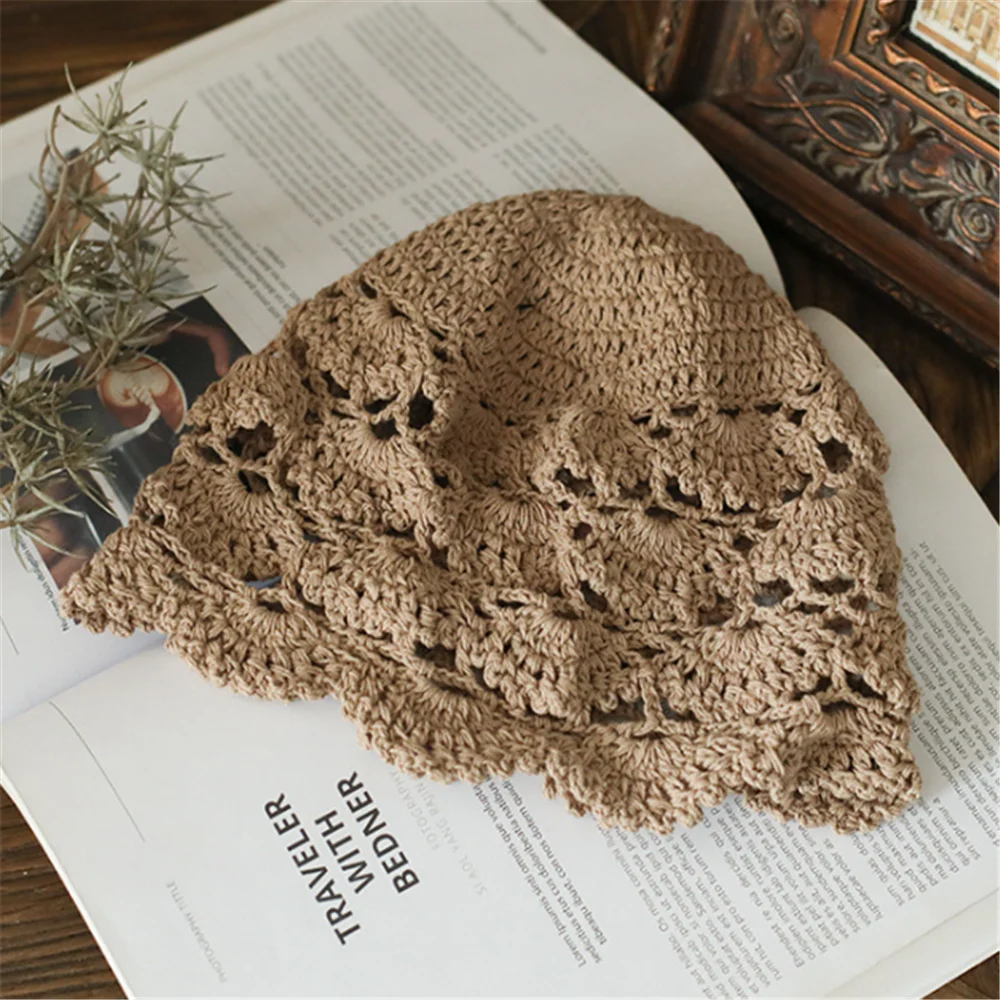 Handmade Crochet Lace Hollow Head Hat Spring and Summer Retro Casual Turban  Fashion Melon Leather Mesh Cap