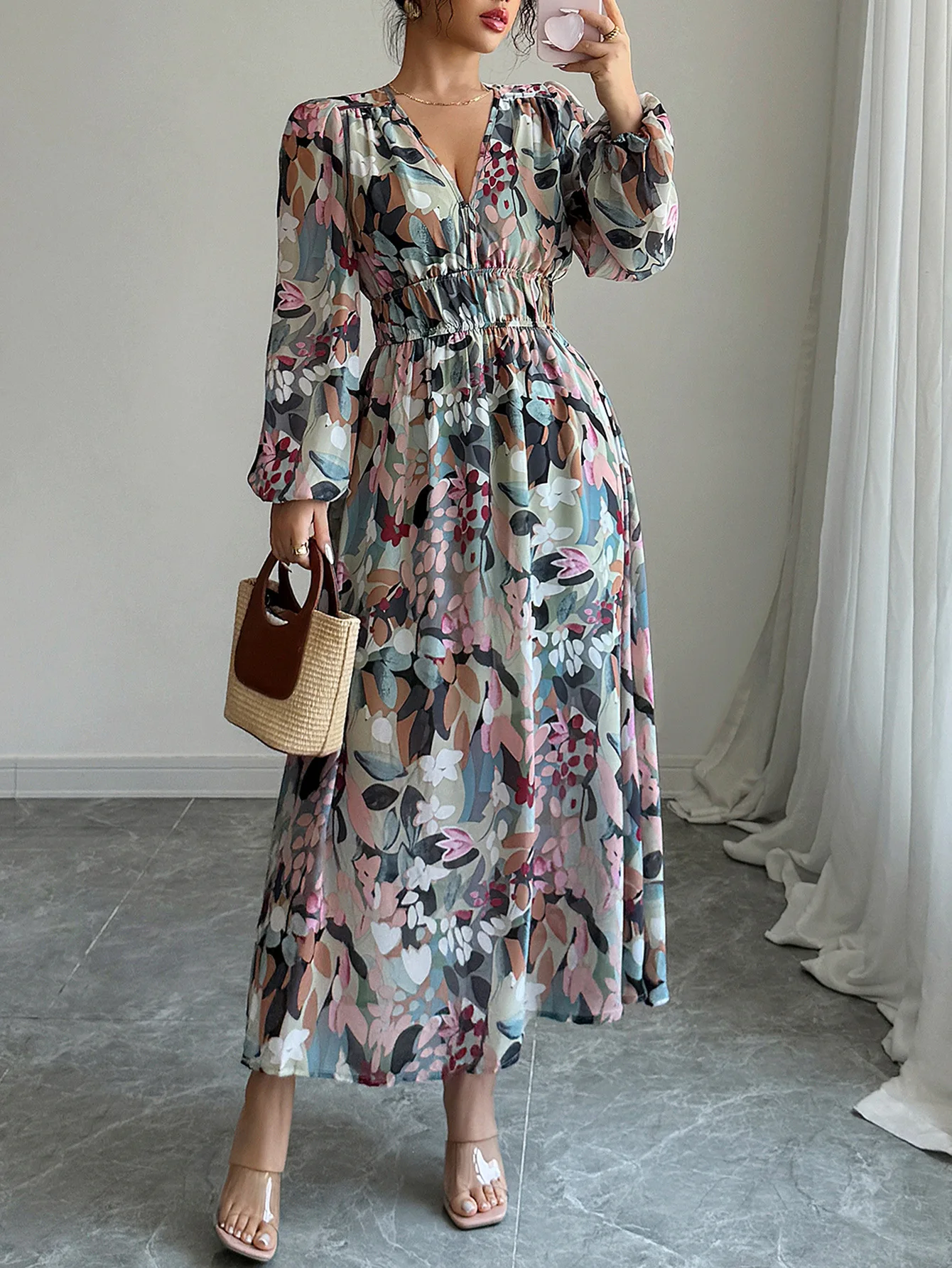 

Women's Dress Summer 2025 Elegant Style Printed V-Neck Waist Tied Dress Romantic Countryside Style Elegant Dress for Women