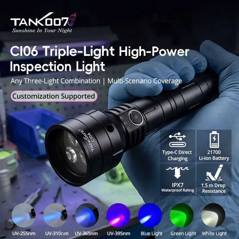 

Tank007 Triple light High Power 3pcs UV 365nm Inspection Flashlight Compatible with 21700 18650 Battery