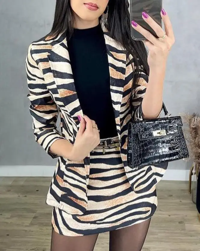 Women's Two Piece Elegant Fashion Commuting Work Outfits Zebra Stripe Print Notched Collar Long Sleeve Blazer Coat & Skirt Set