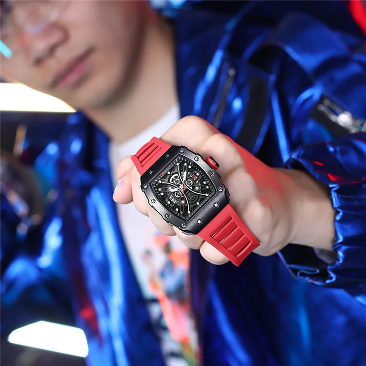 Reloj de pulsera de cuarzo para hombre, cronógrafo de marca de lujo, con esqueleto de Tonneau, con correa de silicona, Masculino