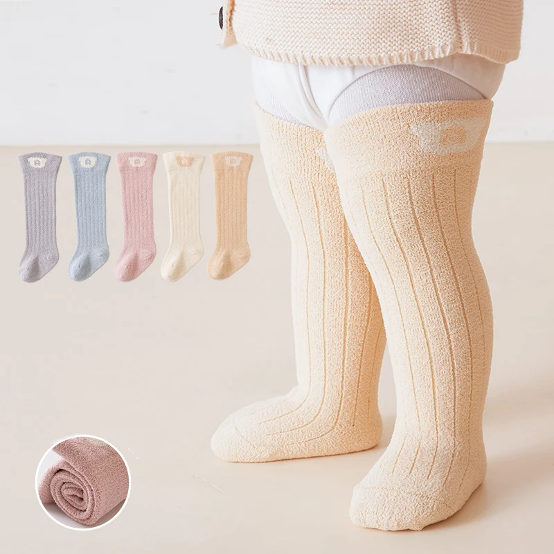 Baby Knee High Socks Winter Thick Striped Thermal Kids Stocking Cute Bear Pattern Long Toddler Socks for Infant Boys Girls