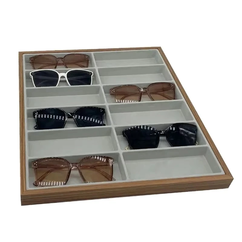 Faça-novo rack de armazenamento de óculos de madeira de nogueira com 12 grades, bandeja de exibição de óculos, caixas organizadoras de armazenamento