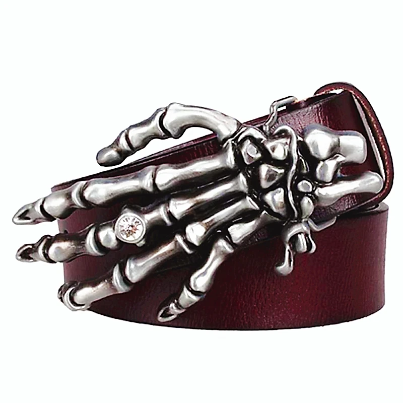 

Skull Hand Buckle Inlay Diamond Cowskin Leather Belt Fashion Hip Hop Style Perform Accessories