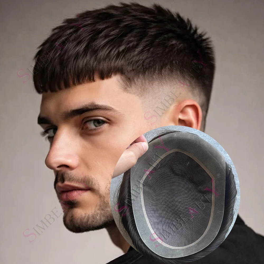 Realistic Mens Toupee Breathable Mono Top&Vloop PU Poly Hairpiece Top Quality Silky Straight Human Hair System Prosthesis Brown