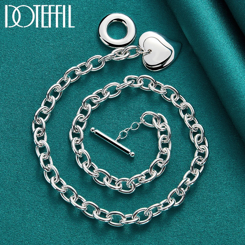 DOTEFFIL-Ensemble collier et bracelet double cœur en argent regardé 925 pour hommes et femmes, bijoux de fête de fiançailles de mariage