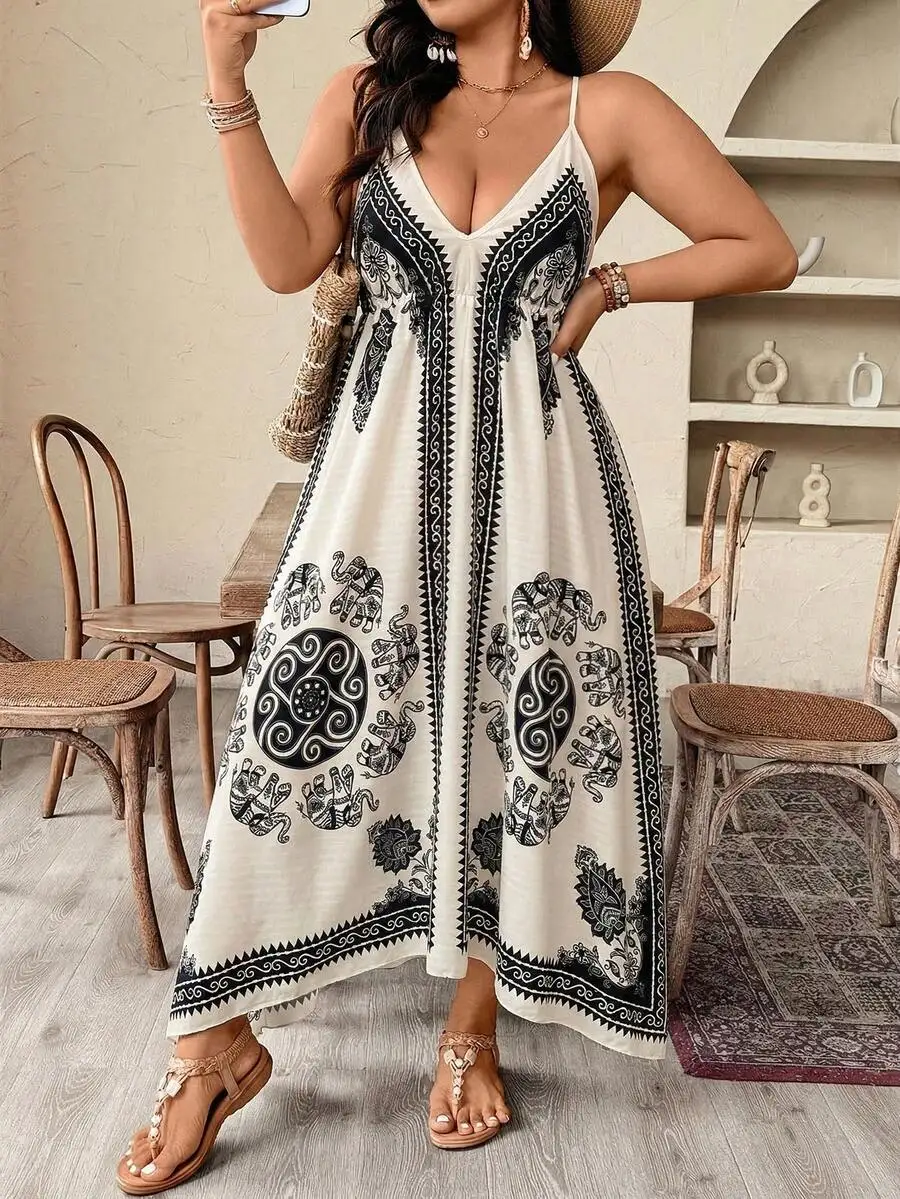 

Plus Size Women Elephant Print Asymmetric Camisole Dress Bohemian Holiday Style