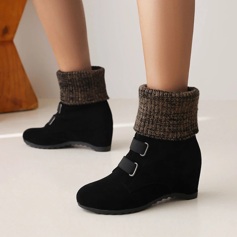 Scrub Flock Knitted Wool Turned-Over Edge Winter Short Snow Boots Wedge Heel Lace-Up Warm Fleece Lining Slip-On Women's Boots