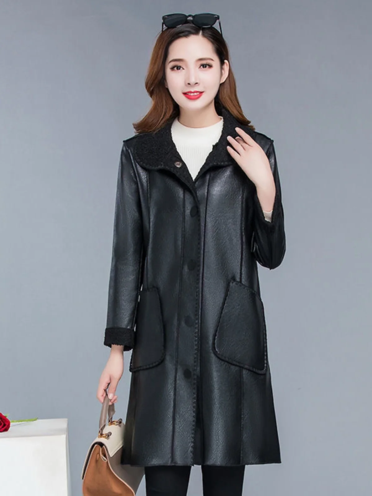 Women's Mid-Length Leather Jacket Coat Loose Fit Fur Lined Fashionable Autumn Winter New Style Korean Version Versatile Mommy...
