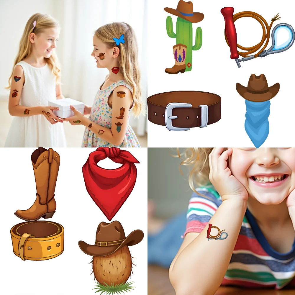 

63pcs Temporary Tattoo Cowboy Cartoon West Cowboy Fire Hat Temporary Tattoo Stickers Lasso For Cheeks Children Boys