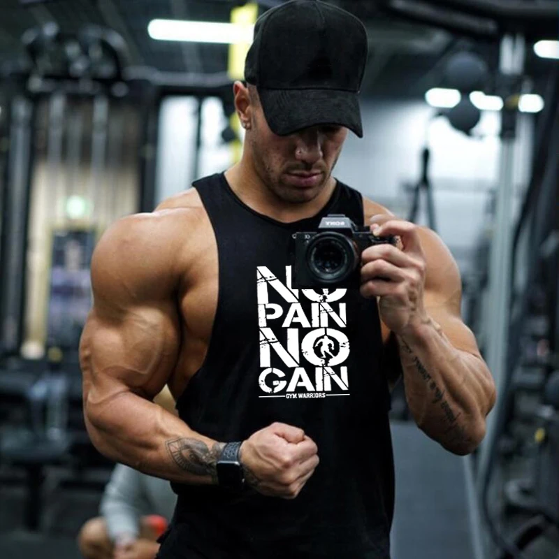 Algodão O pescoço dos homens Tanques de Fitness Tops, camisa sem mangas, Bodybuilding Singlets, Roupa de ginástica, Fitness Singlets, Sem PAIN NO GAIN GYM