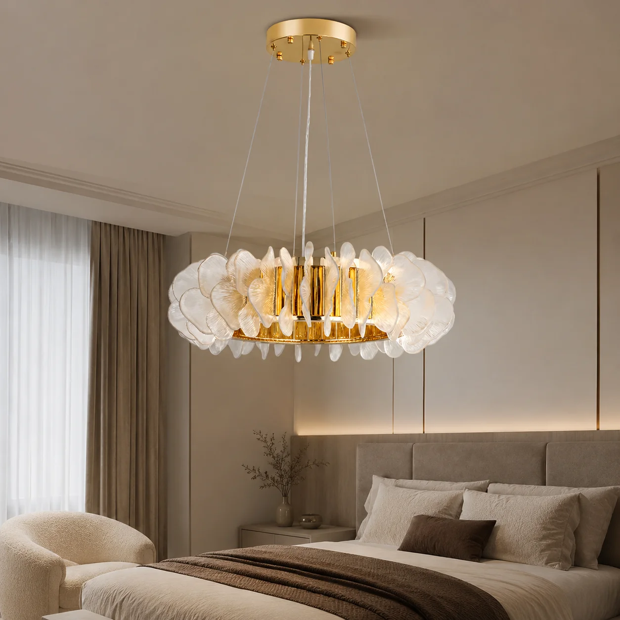 Modern Petal Glass Pendant Chandelier, Gold Metal Frame, Elegant Hanging Light for Living Room Bedroom Dining Room