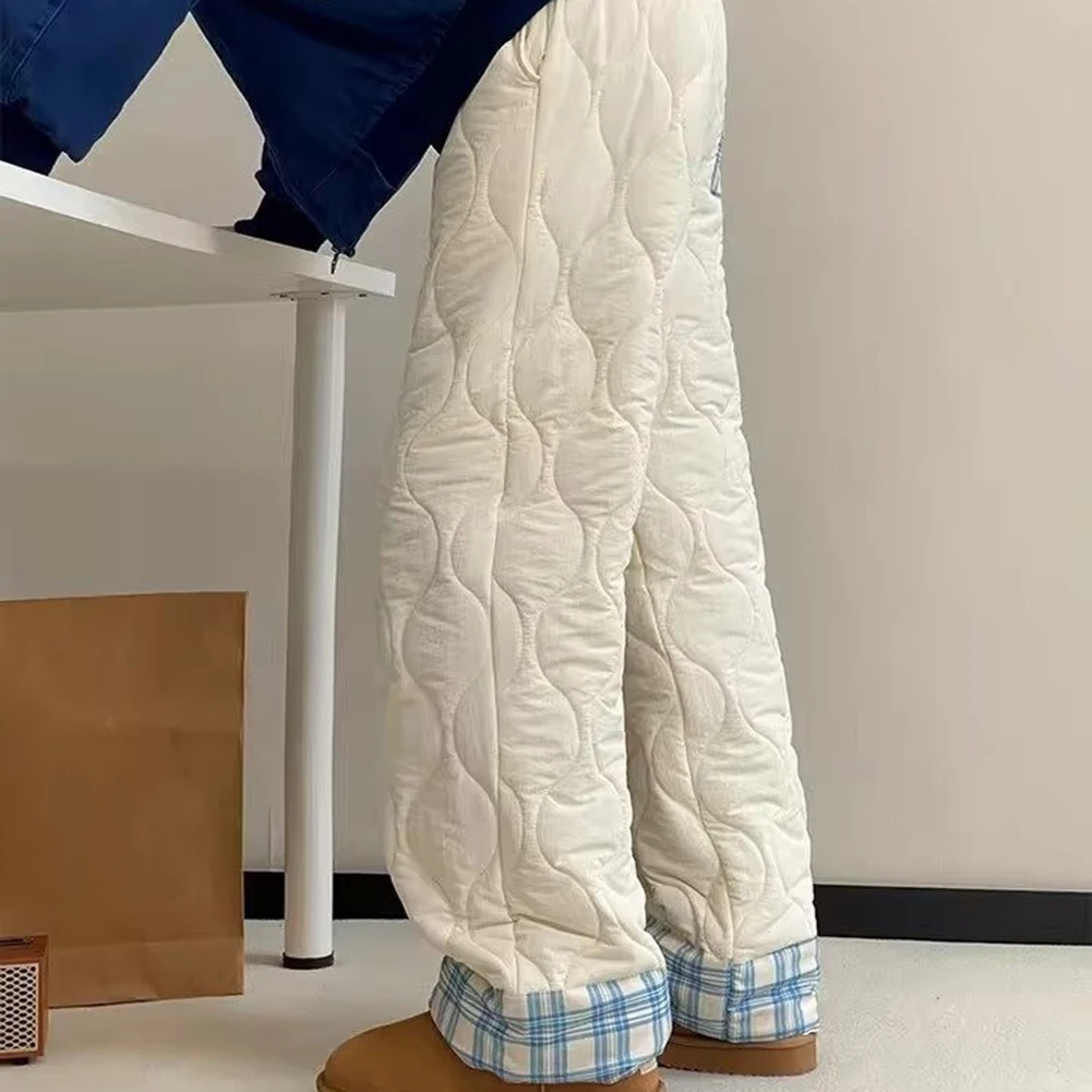 หลวมขนแกะเรียงรายกางเกงผ้าฝ้ายฤดูหนาวสําหรับผู้หญิงเอวสูงหนาขนแกะอบอุ่นหลวมกางเกงขาตรงสําหรับฤดูหนาวฤดูใบไม้ร่วง