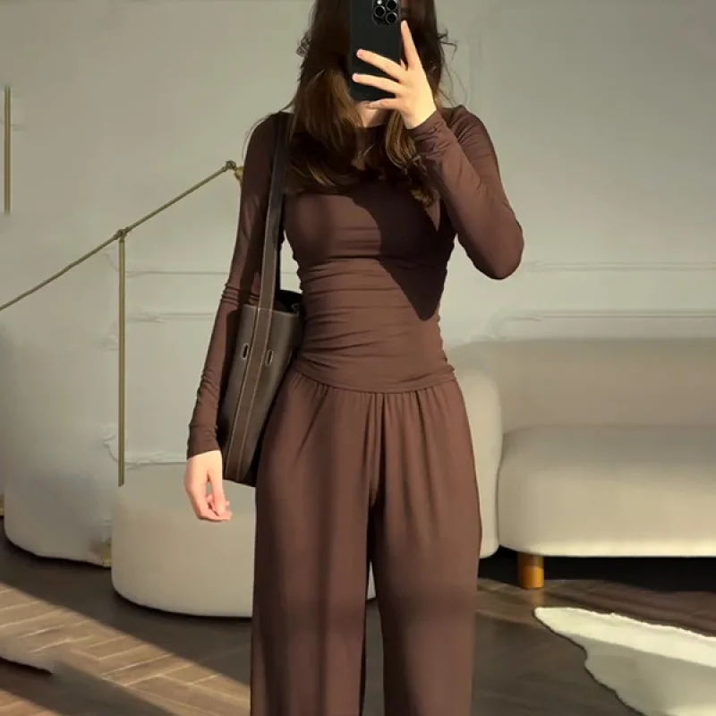 

Women Sports Fitness Short Sleeve O Neck Slim Tshirt Casual 2 Piece Wide Leg Sweatpants Set Streetwear Gym Wear Suit