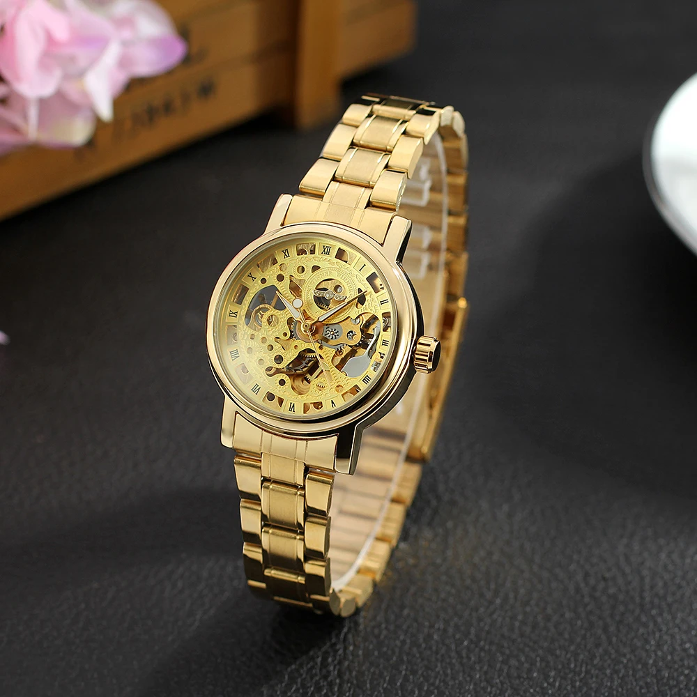 Wholesale WINNER Luxury Brands Gold Women's Watch Stainless Steel Skeleton Mechanical Automatic Movement Elegant Ladies Watches