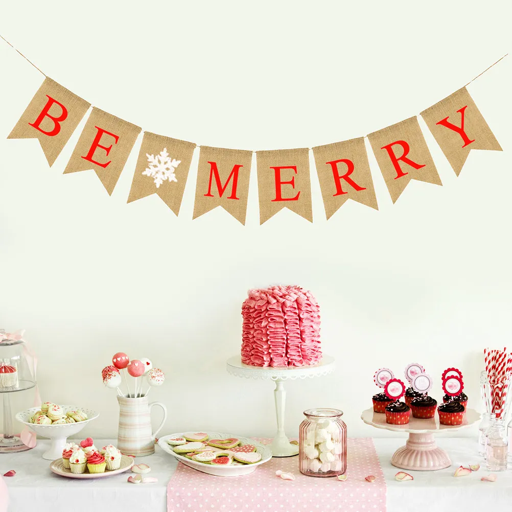 Snowflake Pattern Burlap Banner Letters Bunting Banner Linen Swallowtail Pull Flag Christmas Party Decoration