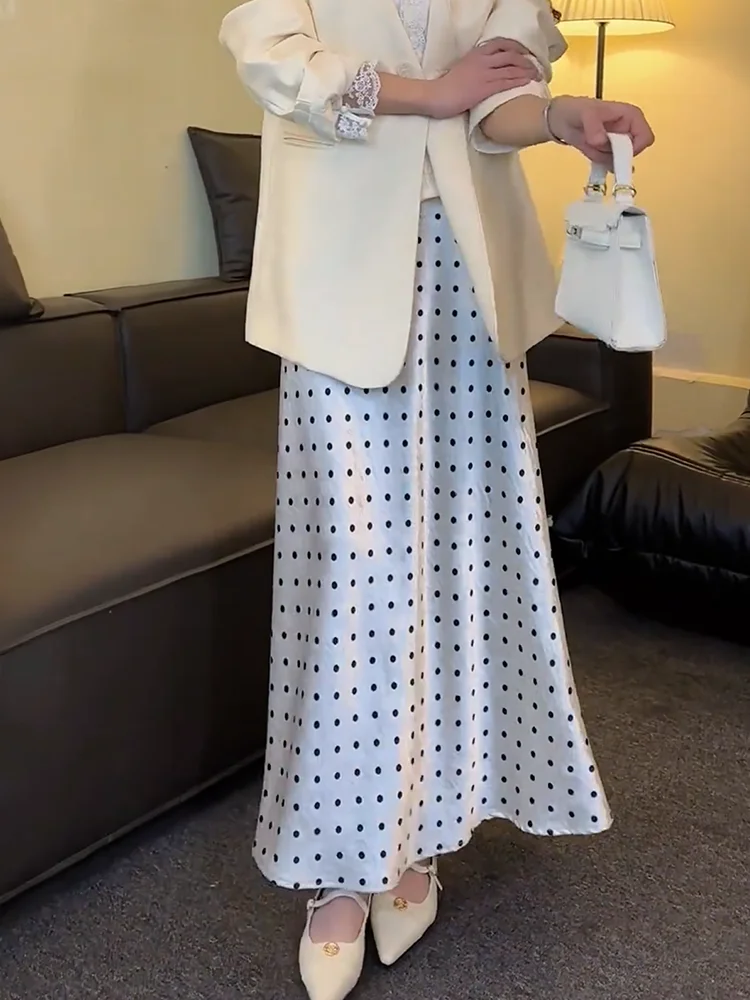 Falda midi acampanada de lunares blancos Ele, cintura alta, nueva colección primavera-verano, estilo coreano, talla grande para mujer