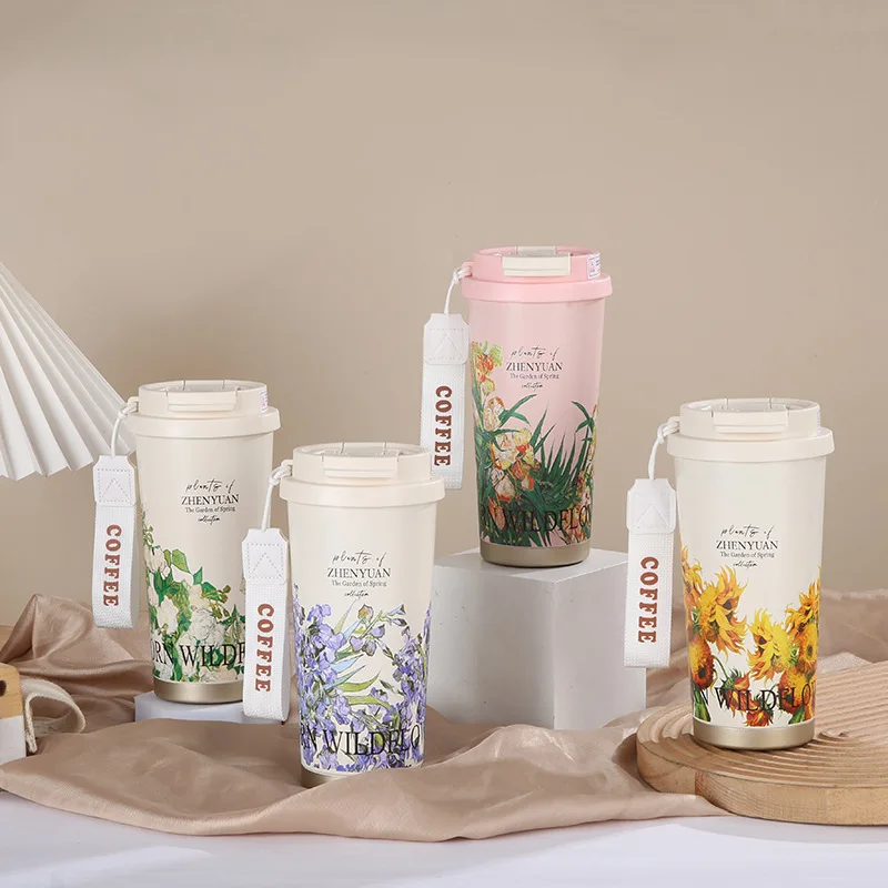 

Garden Series Coffee Cup Gift Double Drinking Port Straw Cup Tea Thermos Cup Water Bottle with Straw