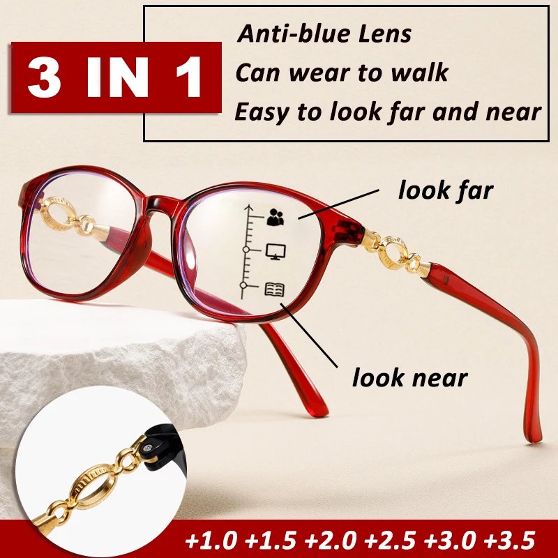 

(3-in-1 Function) Multifocal Reading Glasses，Easy To Look Far and Near，Ultra-Light PC Frame, Women' Presbyopia Glasses