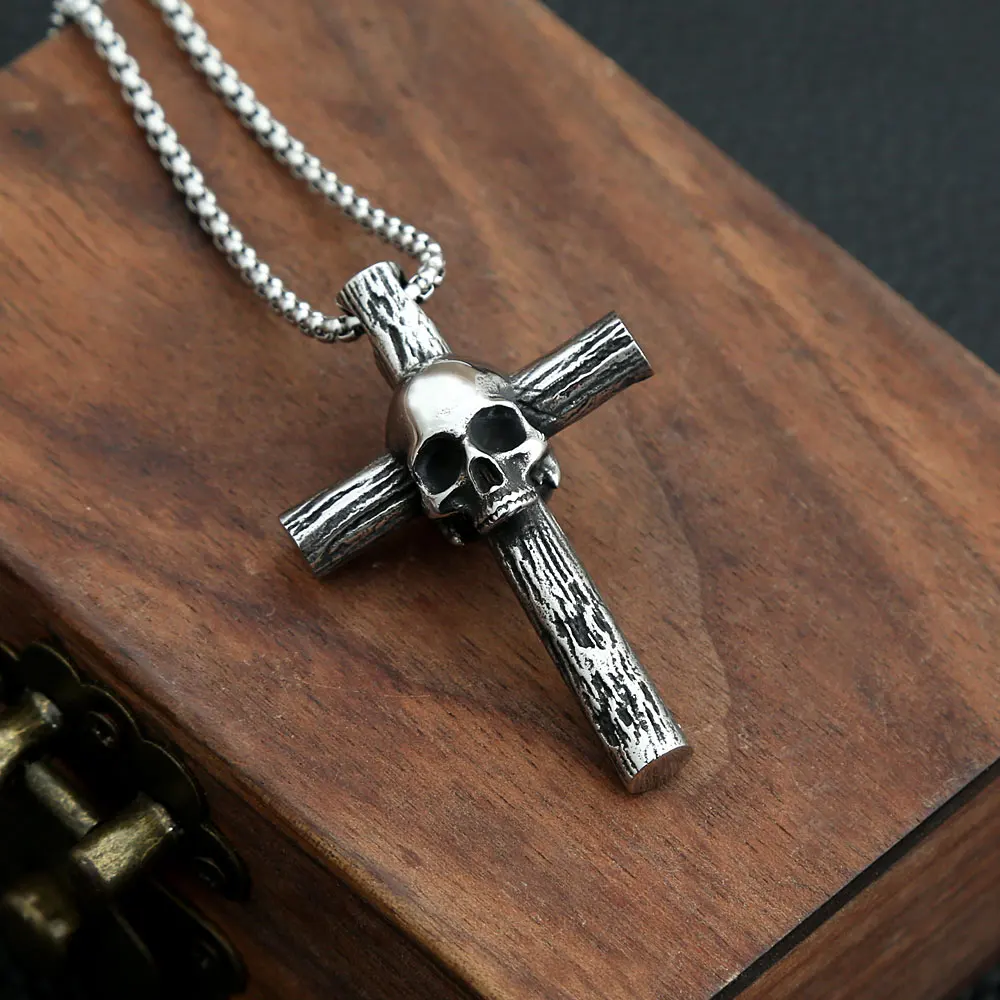 316L Stainless Steel Gothic Skull Cross Pendant Necklace For Men Women Fashion Punk Style Chain Necklaces Jewelry Wholesale