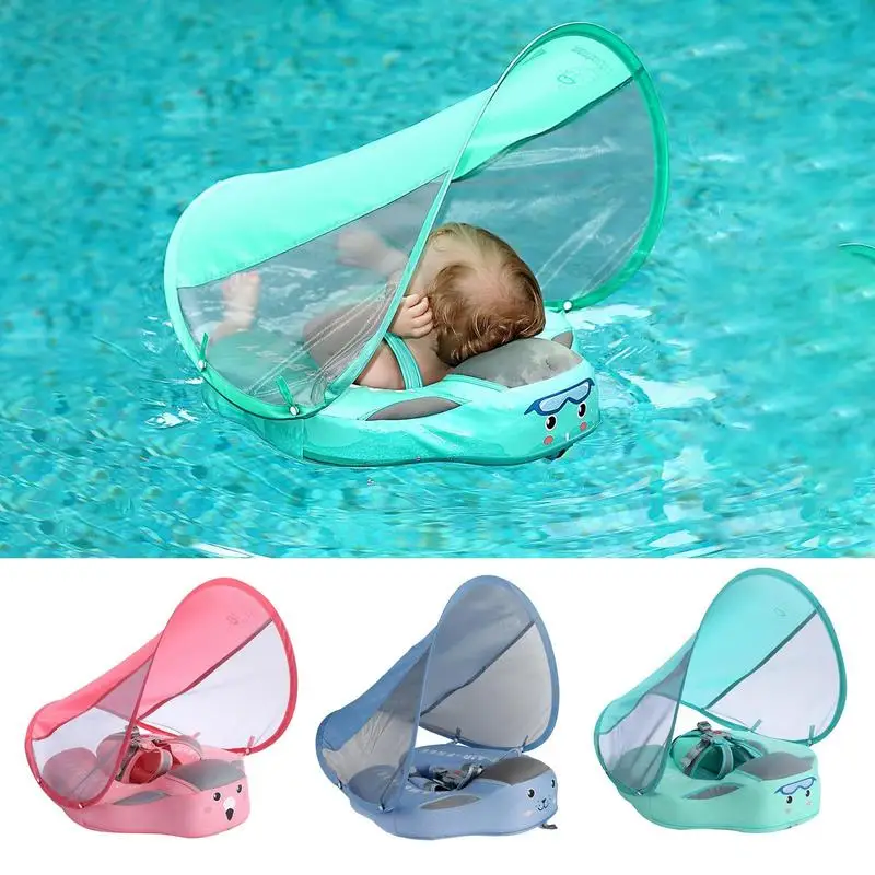 Baby Swimming Float With Sun Canopy UPF 50+ Inflatable Infant Floating Swim Rings With Safety Buckle Swimming Pool Accessories