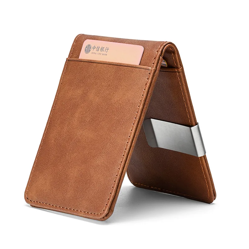 Protective Short PU Card Holder Wallet for Men with Crazy Horse Texture Stainless Steel Money Clip for Credit Cards