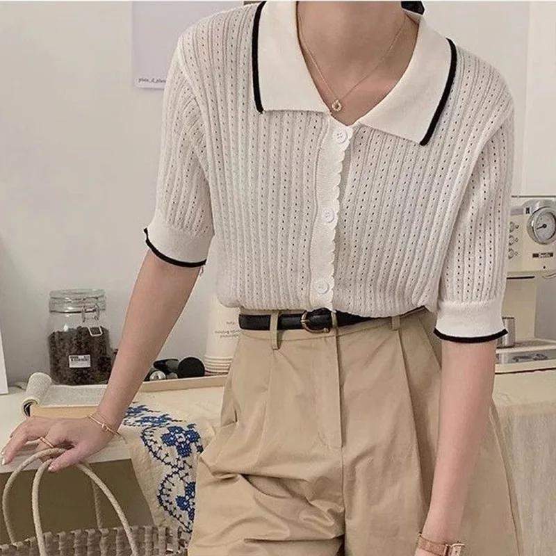 Women Clothing Solid Polo-neck Short Sleeve Knit Shirt Summer Elegant Chic Thin Cardigan Office Lady Loose All-match Tops