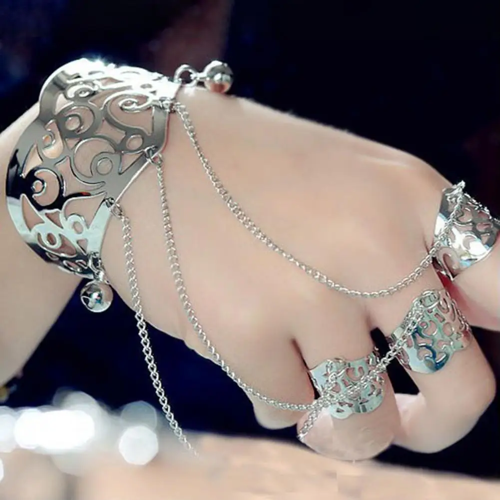 Multilayer Tassel Slave Bracelet Gold Silver Color Bell Hand Harness Bracelet Hollow Adjustable Alloy Bangle Finger Chain Gifts