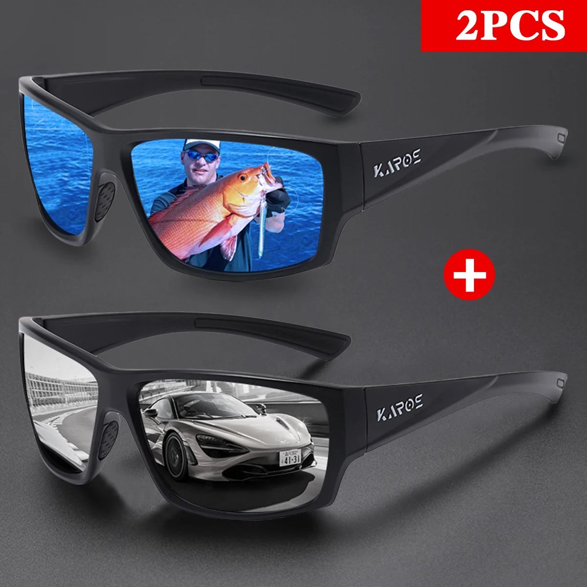 

KAROS 2PCS Polarized Sports Sunglasses Men Women Outdoor Unbreakable Frame for Running Fishing Driving Glasses