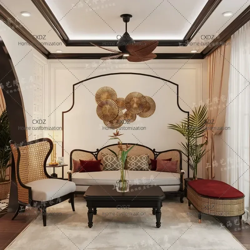 Rural Solid Wood Sofa with Braided Rattan Carved Fabric Single Double Triple Combination for Villa Living Room Furniture