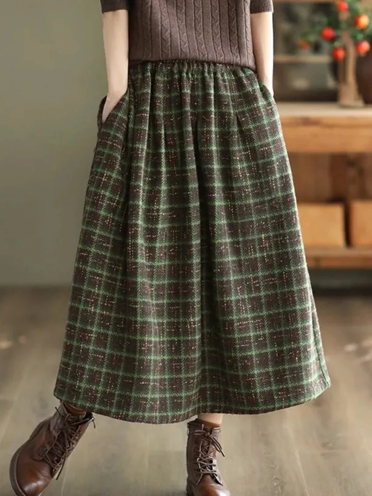 Woolen Plaid Skirt Women Vintage Thick Warm Skirt Autumn Winter Casual High Waisted Skirt Lady Retro Loose Long Streetwear Skirt