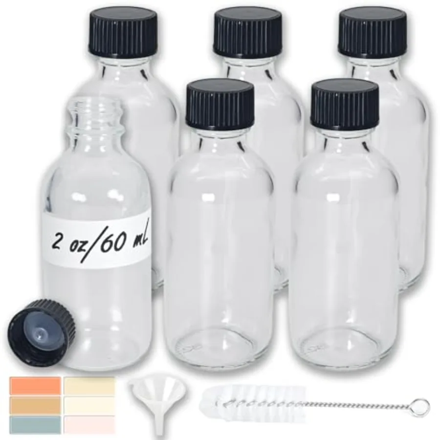 Glass Boston Round Shot Bottles, Leak-Resistant, 6-Pack Borosilicate Glass; Leak-Resistant Caps; 2oz/60ml Travel Size; 6-Pack w