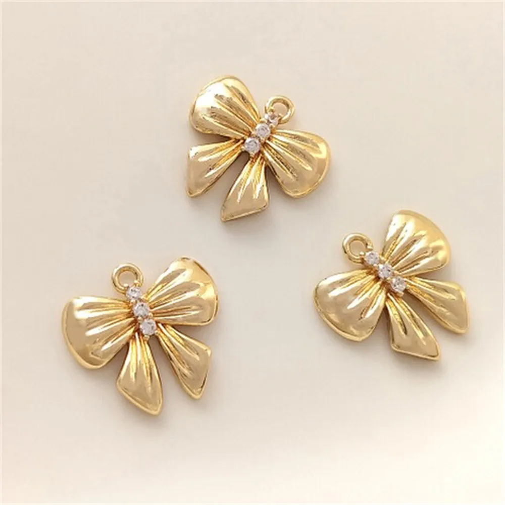 14K Gold Filled with Zircon Ruffled Bow Pendant Single Pendant DIY Bracelet Earrings Jewelry Charm K506