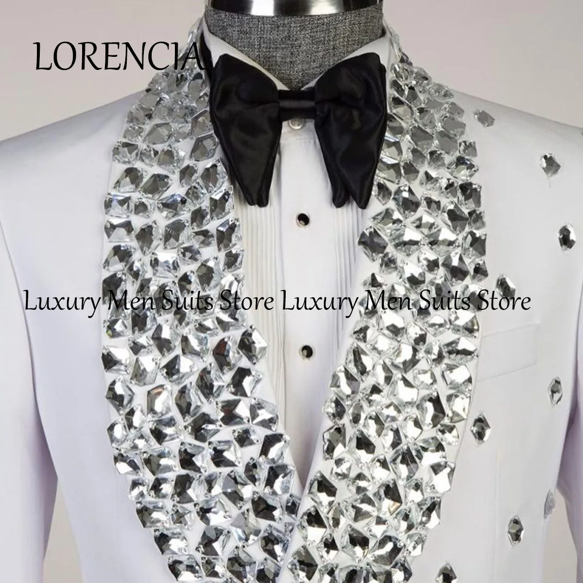 Customized Stunning Crystals Beaded Men Suits Glitter Shawl Lapel Groom Tuxedos 2 Pieces Sets Male Prom Blazers Slim Wedding