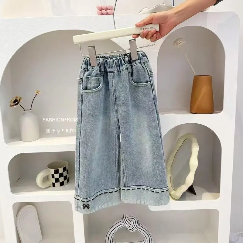 Girls'Jeans Autumn/Winter New Children's Thick One piece Velvet Elastic Waist Flanged Straight Leg Pants 90-150CM