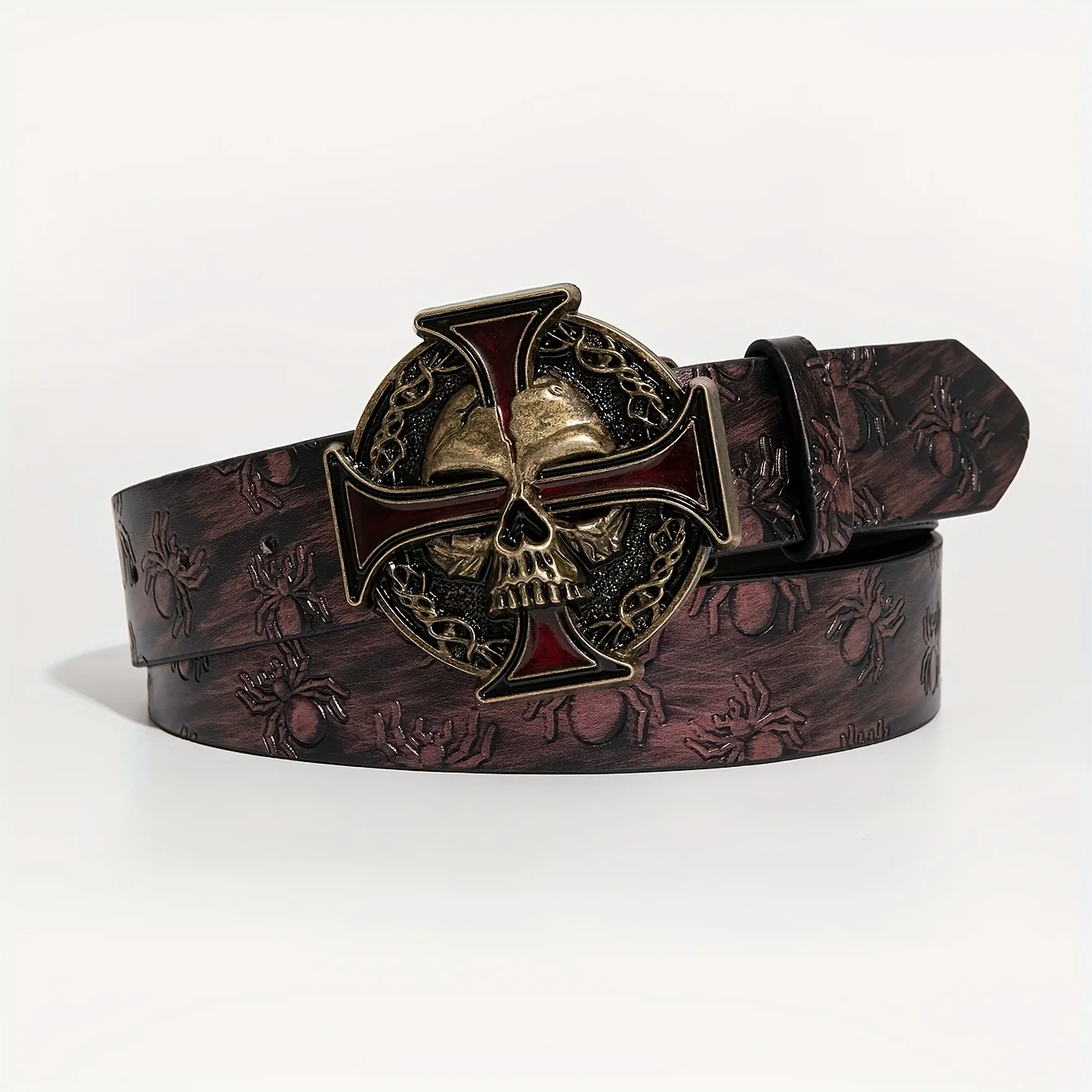 Men's coffee-colored retro dark style Y2K punk cross skull metal buckle spider pattern embossed belt, autumn and winter party ev view 2