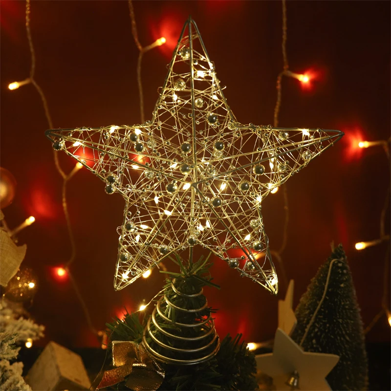 Christmas Tree Topper LED Light Star With Pearl Wire Christmas DIY Decorations For Home Xmas Tree Ornaments 2025 New Year Gift