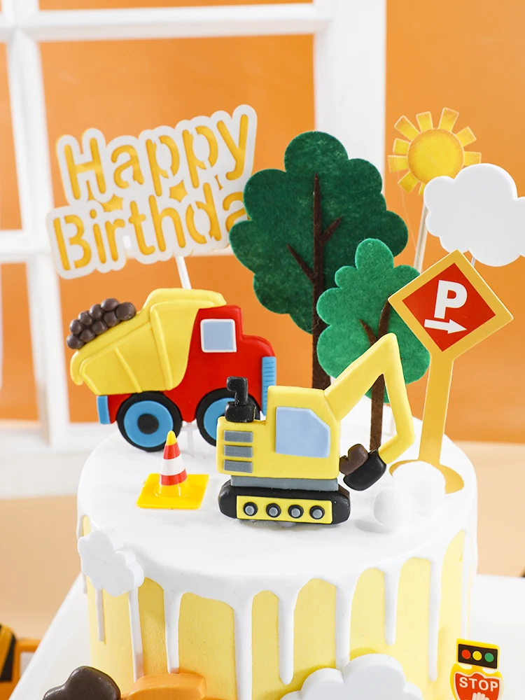 Engineering Construction Excav Birthday Boys Cake Topper Soft Pottery Excavator Stone Truck For Kids Theme Party Cake Decoration