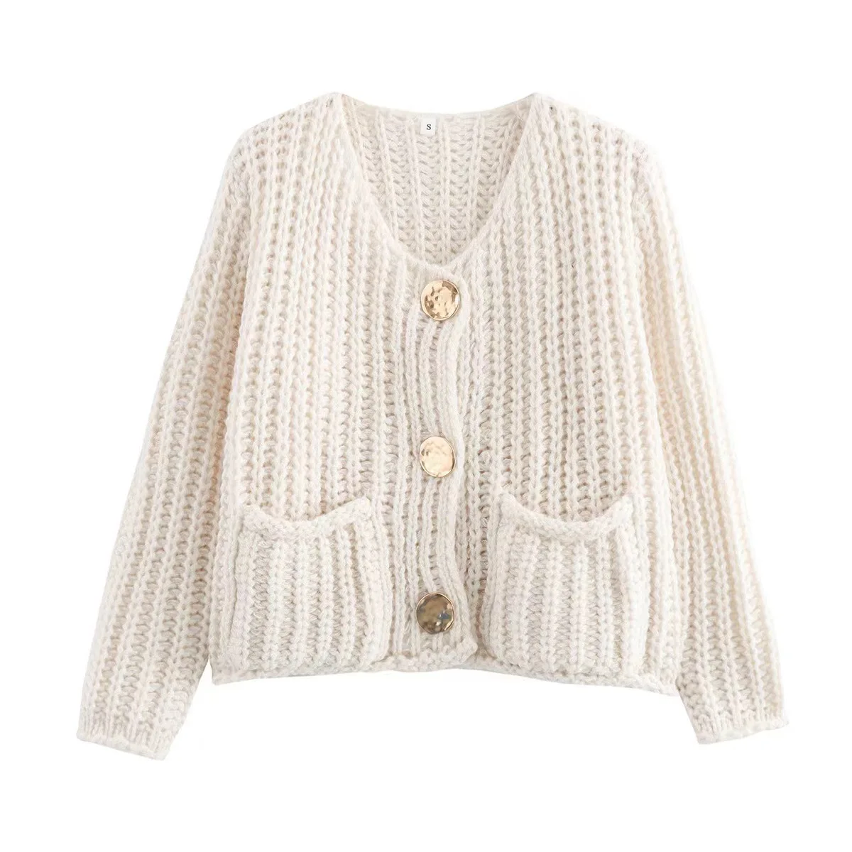 Cardigan in maglia grossa con bottoni dorati metallizzati per donna, accogliente giacca maglione Cardi con tasca frontale a maniche lunghe, autunno inverno