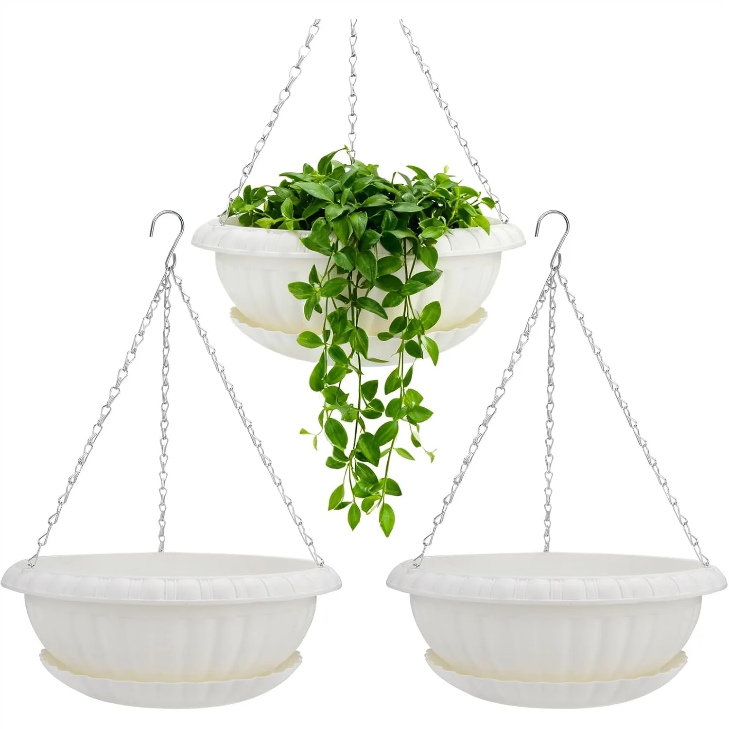 

3 Pack Large Hanging Planters 12.59in Plastic Plant Pots with Drainage Holes & Trays for Indoor Outdoor Garden Wall Window Decor