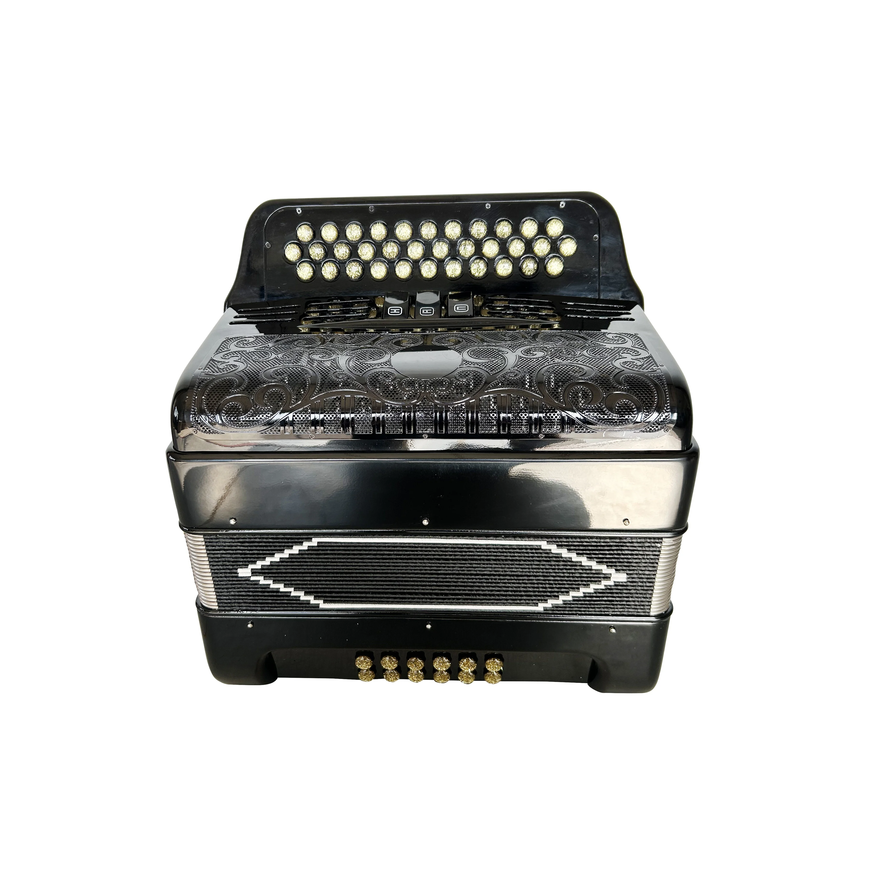 Professional 34-Button 12-Bass 3-Registers Bright Black Accordion Gold Buttons Black Grill JB3412C Acordeon Instrument
