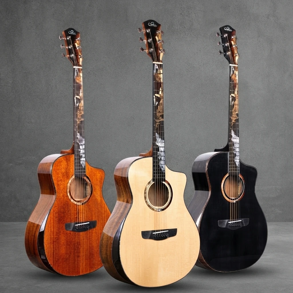 All-Solid GA Cutaway Guitar, Multi-Style Inlay, Vintage Amber Natural Black, Gloss Finish, Chrome Tuners for Stage Performance